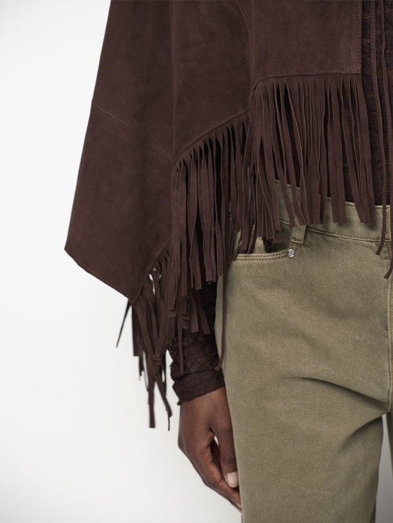 dunkelbrauner Poncho mit Fransen aus Wildleder