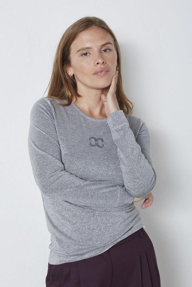 Co'Coutur silberfarbenes Lurex Langarmshirt