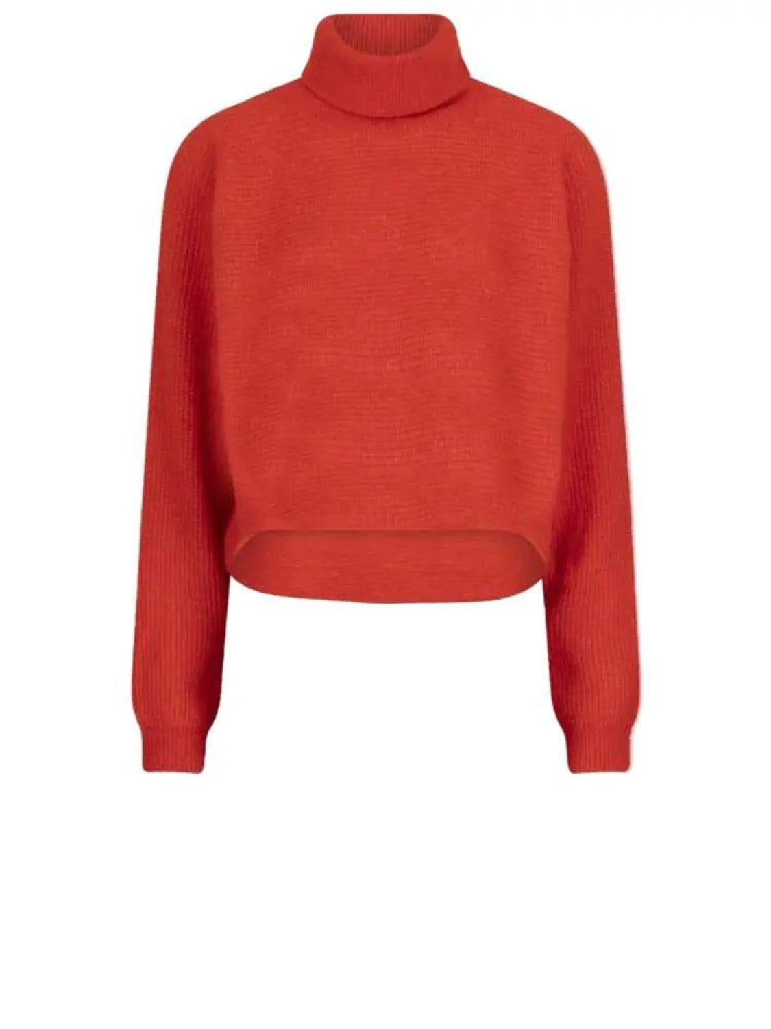 Dante6-Yuria Rollkragenpullover in Fiery Red, kurze Silhouette, verlängerter Rücken, Rippenstrick, lange Ärmel.