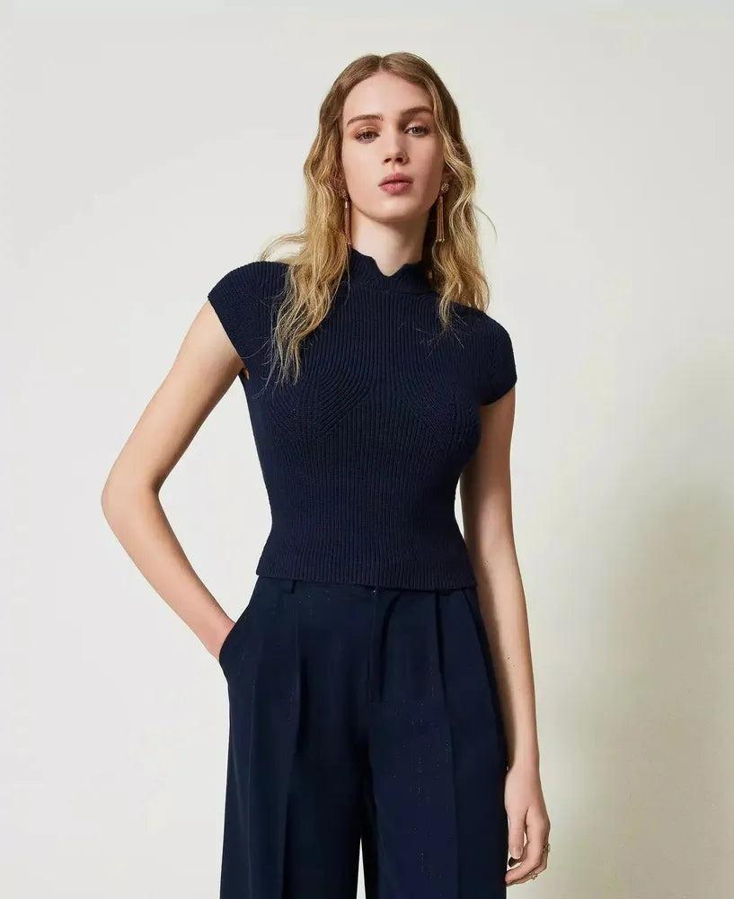 Kurzärmeliger Strickpullover aus Viskose und Stretch